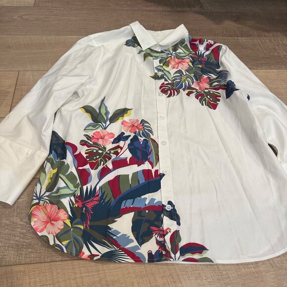 Chicos Womens Tropical Print Button-Up Shirt Size 12 Cotton Blend 3/4 Sleeves - Picture 2 of 8